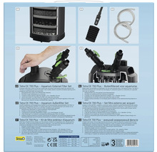 Rückseite der Verpackung des Tetra EX 700 Plus Aquarium Außenfilter Sets mit Detailansichten zu Filtersystem, Vorfilter, Schläuchen und Anschlüssen.