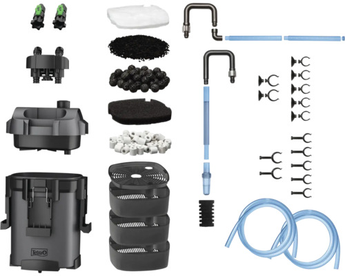 Tetra Außenfilter Set für Aquarien mit Filterbehälter, Filtermedien wie Keramikringen und Bio-Bällen, Schläuchen, Saugnäpfen und Rohren. Tetra Logo.