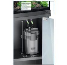 Tetra Aquarien-Außenfilter im Unterschrank installiert, Maße 40 Zentimeter mal 22 Zentimeter mal 22 Zentimeter, Tetra Logo.