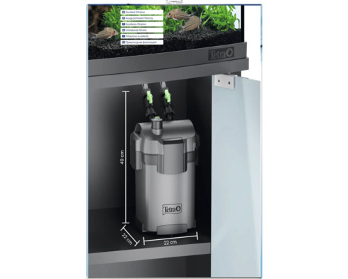 Tetra Aquarien-Außenfilter im Unterschrank installiert, Maße 40 Zentimeter mal 22 Zentimeter mal 22 Zentimeter, Tetra Logo.