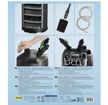 Tetra EX 1000 Plus Aquarium Außenfilter Set mit Mehrkammer-Filtersystem, Vorfilter, zwei Schläuchen, Anschlussventilen und Tetra Logo.
