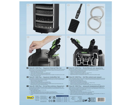 Tetra EX 1000 Plus Aquarium Außenfilter Set mit Mehrkammer-Filtersystem, Vorfilter, zwei Schläuchen, Anschlussventilen und Tetra Logo.