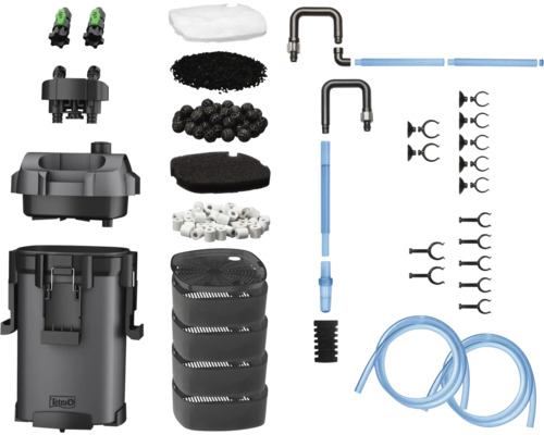 Tetra Außenfilter-Set für Aquarien mit Filtermedien, Schläuchen, Rohren und Saugnäpfen. Tetra Logo.