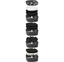 Explosionszeichnung von Aquarienfilter-Medien mit Schwämmen, Bio-Bällen und Keramikringen in Filterkörben.