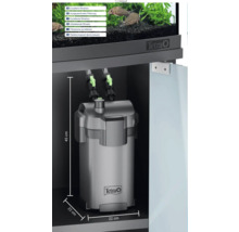 Tetra Außenfilter für Aquarien im Unterschrank mit den Maßen 45 Zentimeter Höhe, 22 Zentimeter Breite und 22 Zentimeter Tiefe und Tetra Logo.