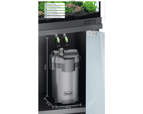 Tetra Außenfilter für Aquarien im Unterschrank mit den Maßen 45 Zentimeter Höhe, 22 Zentimeter Breite und 22 Zentimeter Tiefe und Tetra Logo.