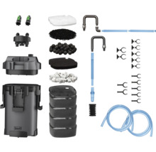 Tetra Aquarium Außenfilter Set bestehend aus Filtergehäuse mit Tetra Logo, Filterkörben, Filtermaterialien, Schläuchen, Rohren und Befestigungsmaterial.