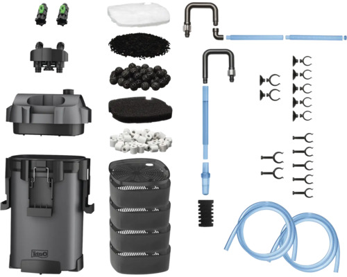 Tetra Aquarium Außenfilter Set bestehend aus Filtergehäuse mit Tetra Logo, Filterkörben, Filtermaterialien, Schläuchen, Rohren und Befestigungsmaterial.