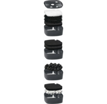 Explosionszeichnung eines Aquarienfilters mit Filterkörben, Filtervlies, Filterschaumstoff, Bio-Balls und Keramikringen.