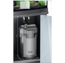 Tetra Außenfilter im Aquarienschrank mit Maßangaben 55 Zentimeter Höhe, 27 Zentimeter Breite und 27 Zentimeter Tiefe. Tetra Logo.