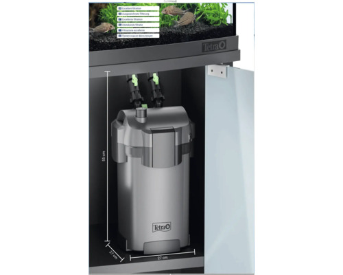 Tetra Außenfilter im Aquarienschrank mit Maßangaben 55 Zentimeter Höhe, 27 Zentimeter Breite und 27 Zentimeter Tiefe. Tetra Logo.