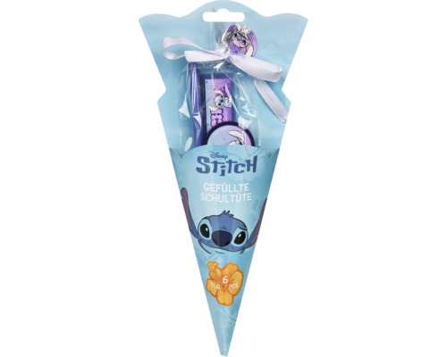 Disney Stitch gefüllte Schultüte mit sechs Teilen Schreibwaren für den Schulanfang.