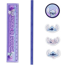 Schreibwaren-Set Disney Angel und Stitch mit 15 Zentimeter Lineal, Bleistift, Anspitzer und Aufklebern.