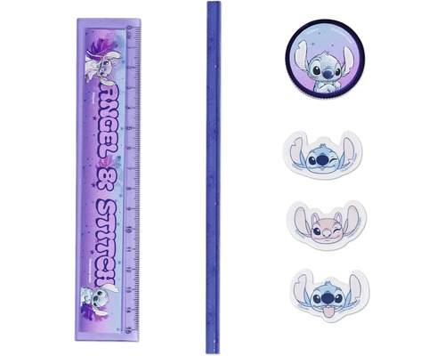 Schreibwaren-Set Disney Angel und Stitch mit 15 Zentimeter Lineal, Bleistift, Anspitzer und Aufklebern.