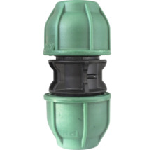Kupplung aus Polypropylen für Polyethylen-Rohre in Bewässerungssystemen in Grün und Schwarz.