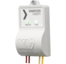 Rain Smartizer Vision Bewässerungssteuerung, weißes Kunststoffgehäuse, LED-Anzeigen für Verbindung und Status, Anschlüsse für 24 Volt Wechselspannung.