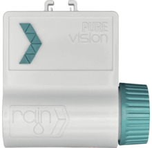 Bewässerungssteuerung mit Rain Logo und Pure Vision Logo, Gehäuse mit Pfeiltaste und Anschlussgewinde.