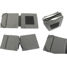 Mehrfachansicht eines faltbaren Gästebetts mit grauem Bezug