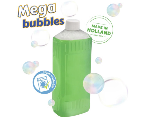 Flasche Mega Seifenblasenlösung mit dem Hinweis super auswaschbar und Hergestellt in Holland seit 1972