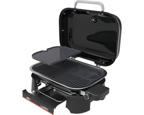 Weber Elektrogrill Lumin mit offenem Deckel, Grillrost, Plancha-Einsatz und ausziehbarer Fettauffangschale.
