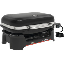 Weber Lumin kompakter schwarzer Elektrogrill mit Deckel, Temperaturanzeige und Drehregler.