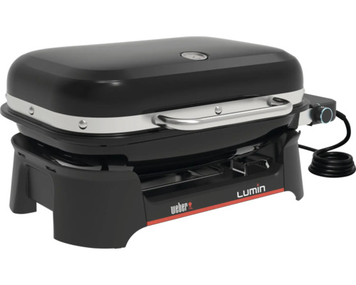 Weber Lumin kompakter schwarzer Elektrogrill mit Deckel, Temperaturanzeige und Drehregler.
