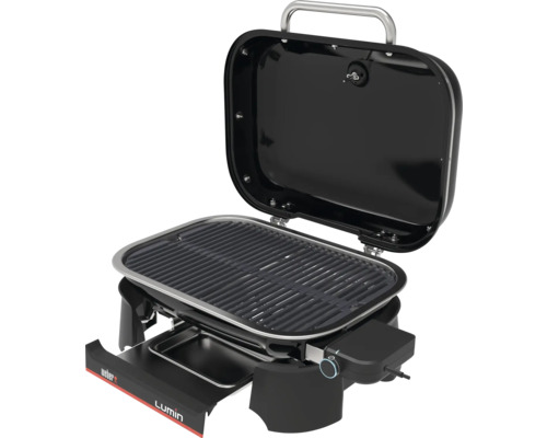 Weber Lumin Elektrogrill mit offenem Deckel, Grillrost und ausziehbarer Fettauffangschale.