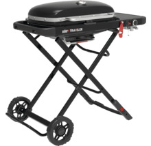 Weber Traveler tragbarer Gasgrill mit klappbarem Untergestell und Rädern.