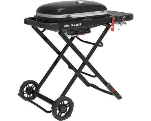 Weber Traveler tragbarer Gasgrill mit klappbarem Untergestell und Rädern.