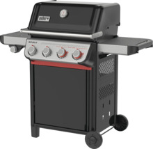 Weber Spirit Gasgrill mit drei Hauptbrennern, Sear Zone, Seitenablagen, Deckelthermometer, Unterschrank und Weber Logo.
