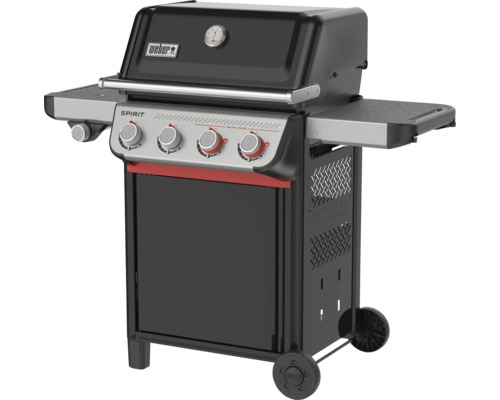 Weber Spirit Gasgrill mit drei Hauptbrennern, Sear Zone, Seitenablagen, Deckelthermometer, Unterschrank und Weber Logo.