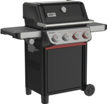 Schwarzer Weber Gasgrill Spirit mit vier Reglern, Deckelthermometer und zwei Seitenablagen.