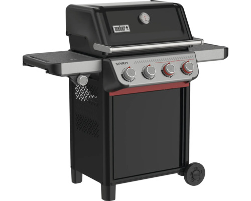 Schwarzer Weber Gasgrill Spirit mit vier Reglern, Deckelthermometer und zwei Seitenablagen.