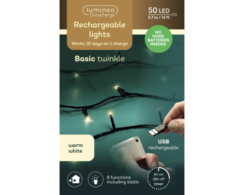 Lumineo Duracharge LED-Lichterkette, 50 warmweiße LEDs, 3,7 Meter lang, USB-aufladbar, 8 Funktionen, Timer, für innen und außen.