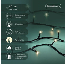 Lumineo Logo. LED-Lichterkette mit 50 warmweißen LEDs, Länge 3,6 Meter, für innen und außen, Akkubetrieb über USB, 8 Funktionen und Timer.
