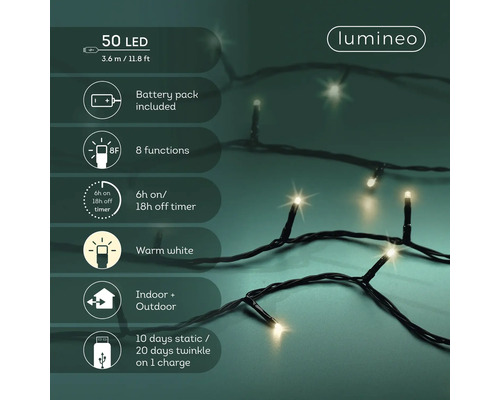 Lumineo Logo. LED-Lichterkette mit 50 warmweißen LEDs, Länge 3,6 Meter, für innen und außen, Akkubetrieb über USB, 8 Funktionen und Timer.