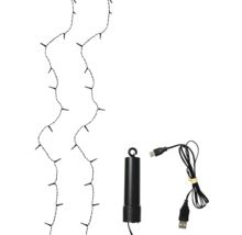 Lichterkette mit schwarzem Kabel, Batteriefach und USB-Anschlusskabel.