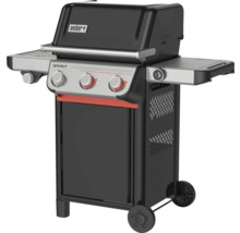 Schwarzer Weber Spirit Gasgrill mit drei Hauptbrennern, Sear Zone, digitaler Temperaturanzeige, zwei Seitenablagen und Weber Logo.