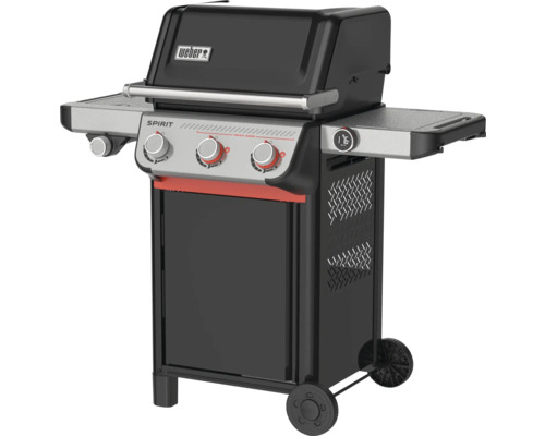Schwarzer Weber Spirit Gasgrill mit drei Hauptbrennern, Sear Zone, digitaler Temperaturanzeige, zwei Seitenablagen und Weber Logo.