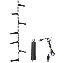 LED-Lichterkette mit schwarzem Kabel, Batteriefach mit Aufhängung und USB-Ladekabel.