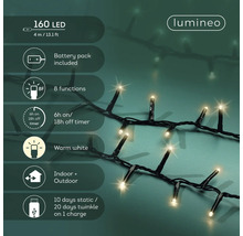 Lumineo Logo. LED-Lichterkette mit 160 warmweißen LEDs, 4 Meter, Batteriebetrieb, 8 Funktionen und Timer für den Innen- und Außenbereich.