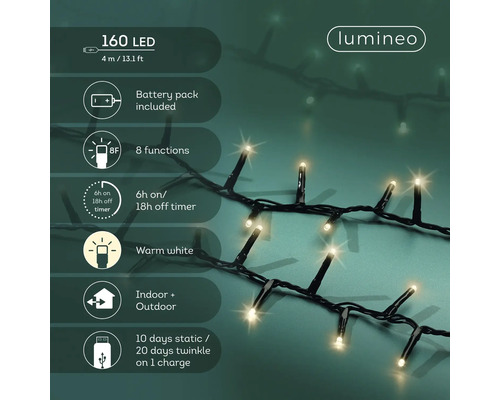 Lumineo Logo. LED-Lichterkette mit 160 warmweißen LEDs, 4 Meter, Batteriebetrieb, 8 Funktionen und Timer für den Innen- und Außenbereich.