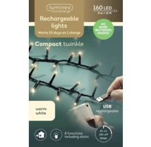 Lumineo Duracharge wiederaufladbare Lichterkette, 160 warmweiße LED, 4 Meter, USB-Anschluss, 8 Funktionen, Timer, hält 10 Tage pro Ladung.