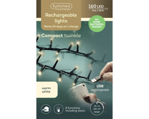 Lumineo Duracharge wiederaufladbare Lichterkette, 160 warmweiße LED, 4 Meter, USB-Anschluss, 8 Funktionen, Timer, hält 10 Tage pro Ladung.