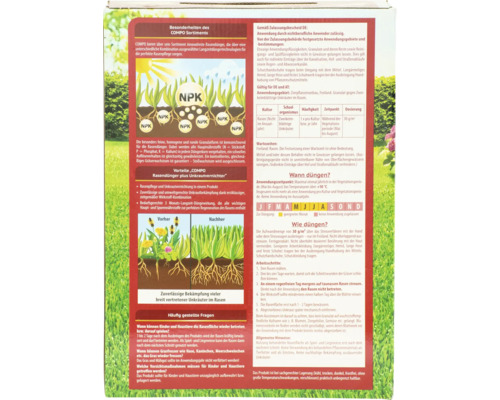 Informationen zu COMPO Rasendünger plus Unkrautvernichter mit Hinweisen zur Anwendung und Zusammensetzung