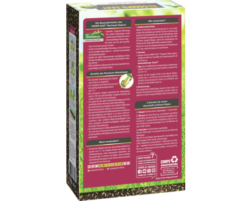 COMPO SAAT Nachsaat-Rasen Packung mit Informationen zu Produkteigenschaften und Anwendung