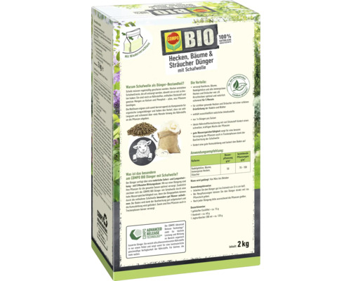 COMPO Bio Hecken, Bäume und Sträucherdünger mit Schafwolle, 2 kg Packung