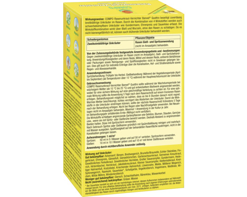 Informationen zum COMPO Rasenunkraut-Vernichter Banvel Quattro zur Bekämpfung von breitblättrigen Unkräutern im Rasen