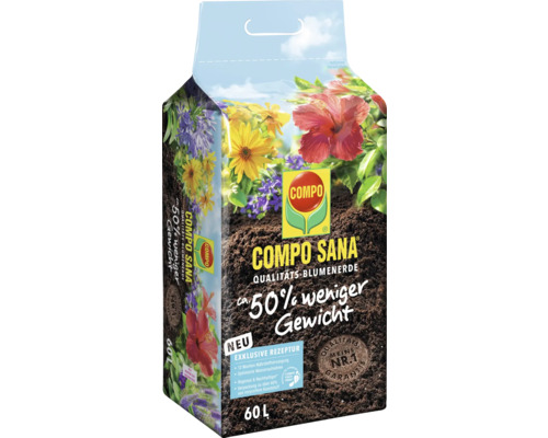 Packung Compo Sana Qualitäts Blumenerde mit dem Hinweis circa 50 Prozent weniger Gewicht.