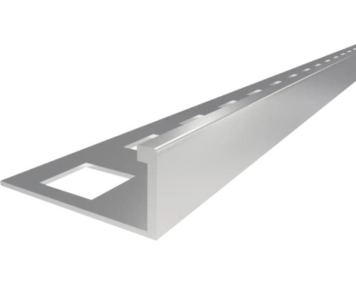 Fliesenprofil aus Aluminium, L-Form mit gestanzter Befestigungsschiene.